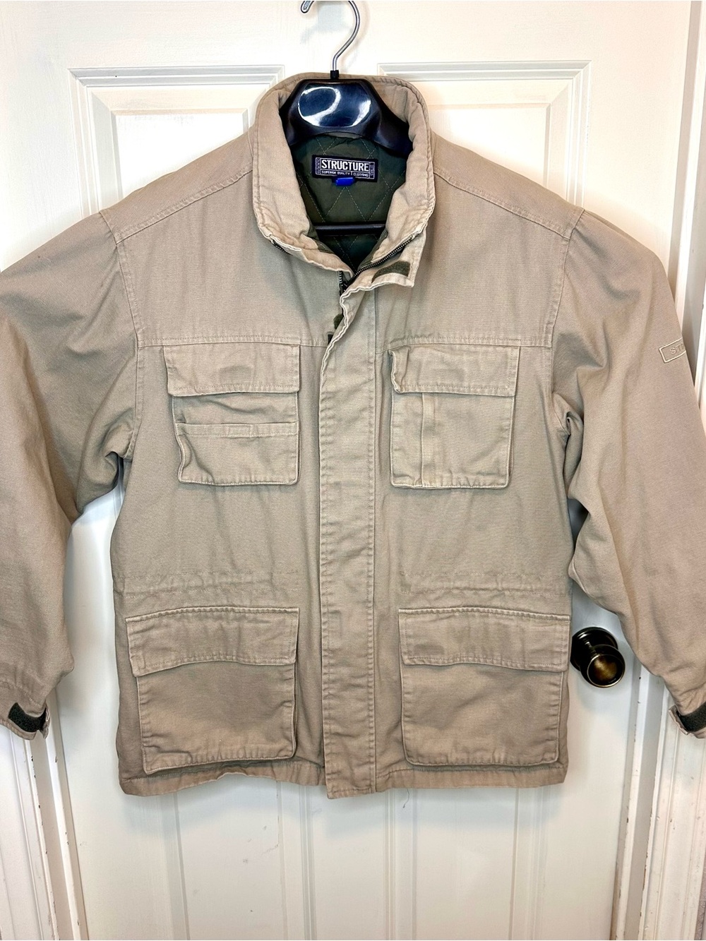 Vintage Structure Canvas Chore Coat Jacket Olive Tan Military Style Size Medium